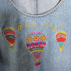 Vintage 90s Quacker Factory Denim Jumper Dress Hot Air Balloon Embroidered 2X